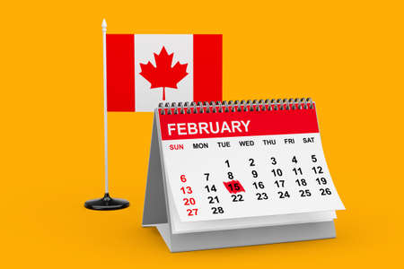 National Flag of Canada Day Concept. Flag of Canada with 15 February Calendar on a yellow background. 3d Renderingの写真素材