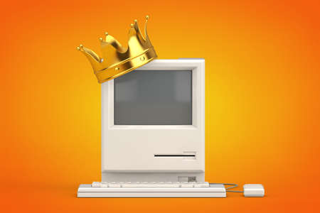 Retro Personal Computer with Golden Crown on an orange background. 3d Renderingの写真素材