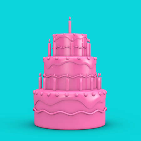 Pink Birthday Cartoon Dessert Tiered Cake with Candles in Duotone Style on a blue background. 3d Renderingの写真素材