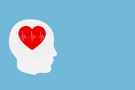 Mental Health Concept. White Abstract Head Contour with Red Heart and HeartBeat Pulse on a blue...