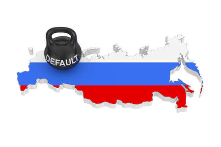 Russia Default Concept. Black Iron Kettlebell with Default Sign over Russian Map with Flag on a white background. 3d Renderingの写真素材