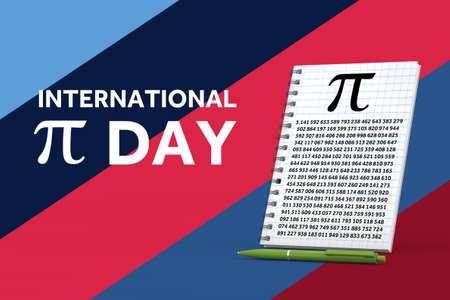 International Pi Day Concept. Notepad Squared Paper Sheet with Pi Symbol, Green Pen and International Pi Day Sign on a multicolored background. 3d Renderingの写真素材