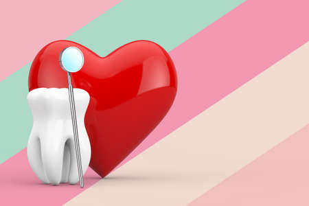 Dental Health Concept. Tooth Icon with Dental Inspection Mirror for Teeth and Red Heart on a...