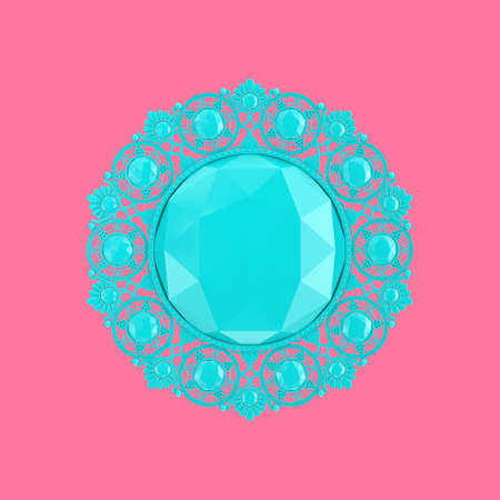 Blue Diamond  Precious Stones Jewelry Vintage Baroque Brooch in Duotone Style on a pink background. 3d Renderingの写真素材