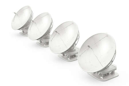 Row Of Big Satellite Dish Antenna Radars on a white background. 3d rendering