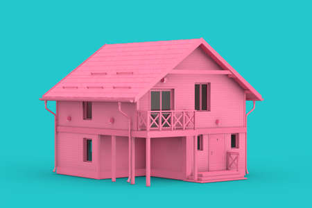 Modern Pink Brick Family House Cottage in Duotone Style on a blue background. 3d renderingの写真素材