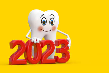 White Tooth Person Character Mascot with Red 2023 New Year Sign on a yellow background. 3d rendering