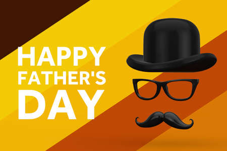 Happy Father's Day Concept. Retro Italy Bowler, Mustaches and Glasses Icon with Happy Father's Day Sign on a multicolored background. 3d renderingの写真素材