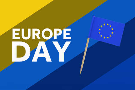 Europe Day Concept. European Union Pointer Flag with Europe Day Sign on a multicolored background....