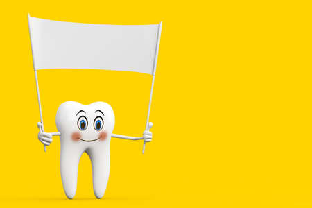 White Tooth Person Character Mascot and Empty White Blank Banner with Free Space for Your Design on a yellow background. 3d renderingの写真素材