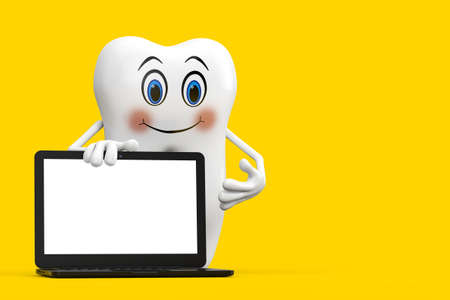 White Tooth Person Character Mascot with Modern Laptop Computer Notebook and Blank Screen for Your...