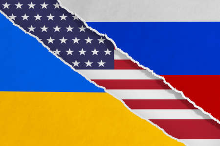 Ukraine, USA and Russia Flags on Ripped Paper extreme closeup. 3d renderingの写真素材