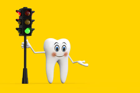 White Tooth Person Character Mascot with Traffic Green Light on a yellow background. 3d rendering