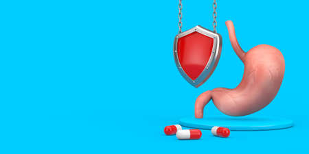Human Stomach Anatomy Internal Organ with Red Metal Protection Shield and Capsule Pills on a blue background. 3d Renderingの写真素材