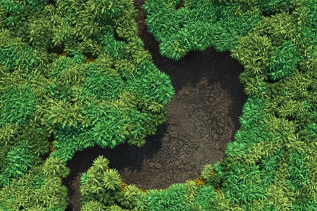 Planet Health Concept. Dry River in Shape of  Stomach  Organ in Green Jungle Forest top view. 3d Renderingの写真素材