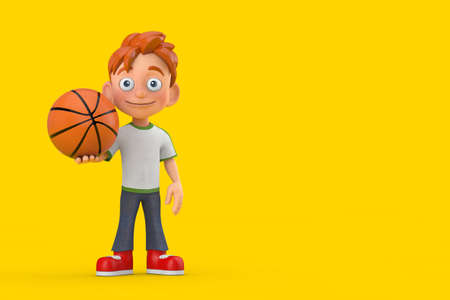 Cartoon Little Boy Teen Person Character Mascot with Basketball Ball on a yellow background. 3d Renderingの写真素材
