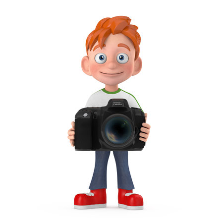 Cartoon Little Boy Teen Person Character Mascot with Modern Digital Photo Camera on a white background. 3d Renderingの写真素材