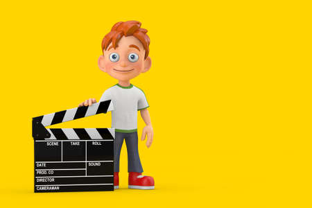 Cartoon Little Boy Teen Person Character Mascot with Movie Clapper Board on a yellow background. 3d...