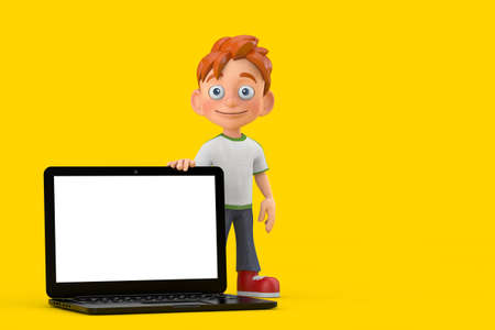 Cartoon Little Boy Teen Person Character Mascot with Modern Laptop Computer Notebook and Blank...