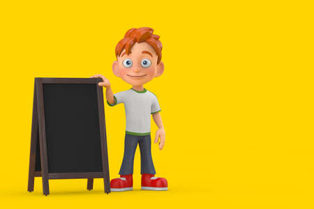 Cartoon Little Boy Teen Person Character Mascot  with Blank Wooden Menu Blackboards Outdoor Display on a yellow background. 3d Renderingの写真素材