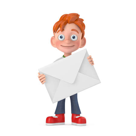 Cartoon Little Boy Teen Person Character Mascot with White Blank Envelope on a white background. 3d Renderingの写真素材