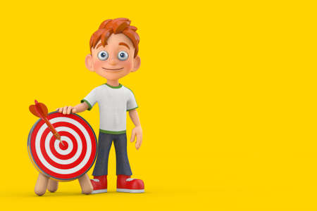 Cartoon Little Boy Teen Person Character Mascot with Archery Target and Dart in Center on a yellow background. 3d Renderingの写真素材