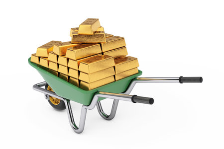 Gardening and Construction Green Wheelbarrow Full of Golden Bars for on a white background. 3d Renderingの写真素材