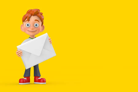 Cartoon Little Boy Teen Person Character Mascot with White Blank Envelope on a yellow background. 3d Renderingの写真素材