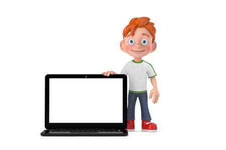Cartoon Little Boy Teen Person Character Mascot with Modern Laptop Computer Notebook and Blank...