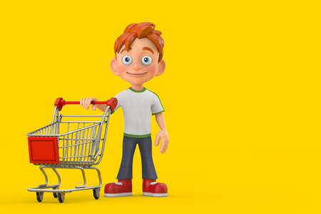 Cartoon Little Boy Teen Person Character Mascot with Shopping Cart Trolley on a yellow background. 3d Renderingの写真素材