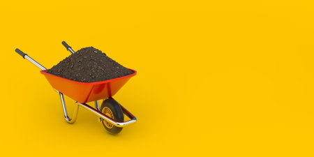 Gardening and Construction Red Wheelbarrow with Soil on a yellow background. 3d Renderingの写真素材