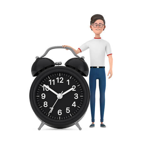 Cartoon Character Person Man with Alarm Clock on a white background. 3d Renderingの写真素材