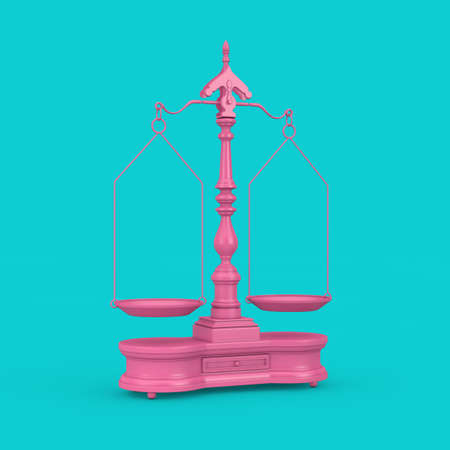 Old Justice Pink Weigh Scales Balance with the Two Arms in Duotone Style on a blue background. 3d Renderingの写真素材