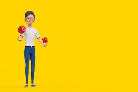 Cartoon Character Person Man with Red Game Dice Cubes in Flight on a yellow background. 3d Renderingの写真素材
