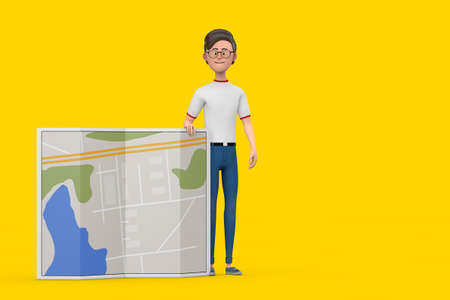 Cartoon Character Person Man with Abstract City Plan Map on a yellow background. 3d Renderingの写真素材