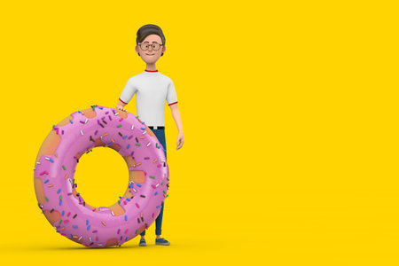 Cartoon Character Person Man with Big Strawberry Pink Glazed Donut on a yellow background. 3d Renderingの写真素材