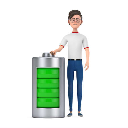 Cartoon Character Person Man with Abstract Charging Battery on a white background. 3d Renderingの写真素材