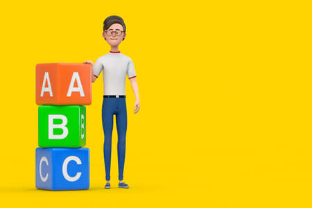 Cartoon Character Person Man with Alphabet ABC Education Cubes on a yellow background. 3d Renderingの写真素材