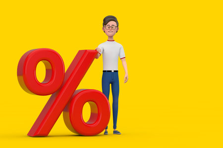 Cartoon Character Person Man with Red Retail Percent Sale or Discount Sign on a yellow background. 3d Renderingの写真素材