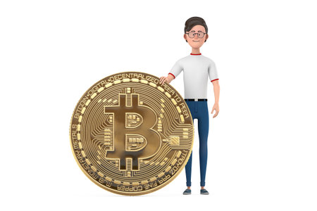 Cartoon Character Person Man  with Digital and Cryptocurrency Golden Bitcoin Coin on a white background. 3d Renderingの写真素材