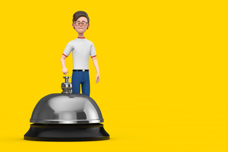 Cartoon Character Person Man with Hotel Service Bell Call on a yellow background. 3d Renderingの写真素材