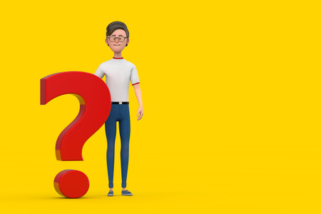 Cartoon Character Person Man with Red Question Mark Sign on a yellow background. 3d Renderingの写真素材