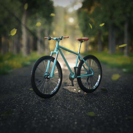 Retro Mountain Bike on the Forest Park Road extreme closeup . 3d Renderingの写真素材