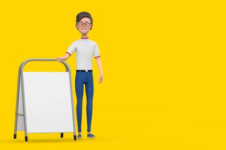 Cartoon Character Person Man with White Blank Advertising Promotion Stand on a yellow background. 3d Renderingの写真素材