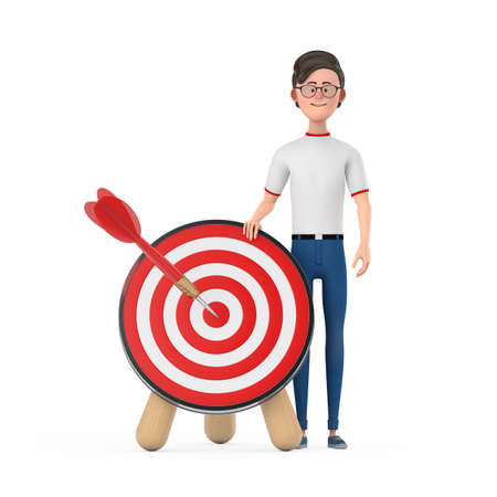 Cartoon Character Person Man with Archery Target and Dart in Center on a white background. 3d Renderingの写真素材