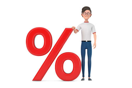 Cartoon Character Person Man with Red Retail Percent Sale or Discount Sign on a white background. 3d Renderingの写真素材