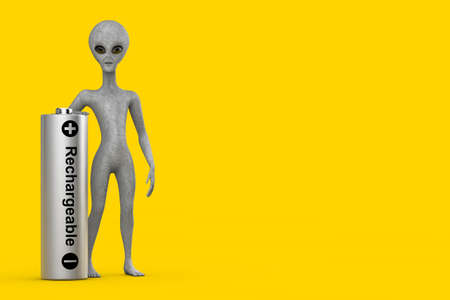 Scary Gray Humanoid Alien Cartoon Character Person Mascot with Rechargeable Battery on a yellow background. 3d Renderingの写真素材