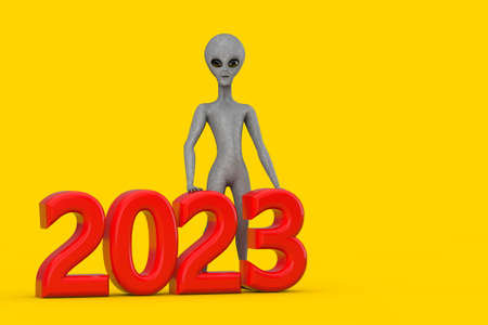 Scary Gray Humanoid Alien Cartoon Character Person Mascot with Red 2023 New Year Sign on a yellow...