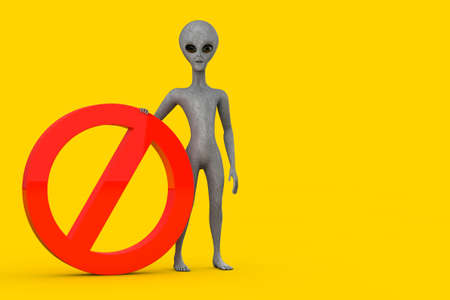 Scary Gray Humanoid Alien Cartoon Character Person Mascot with Red Prohibition or Forbidden Sign on a yellow background. 3d Renderingの写真素材