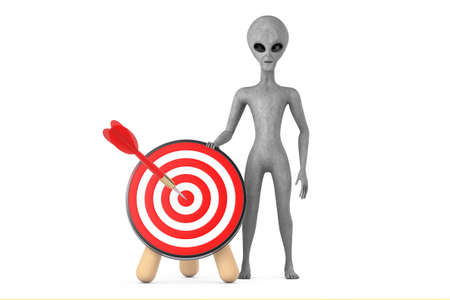 Scary Gray Humanoid Alien Cartoon Character Person Mascot with Archery Target and Dart in Center on...